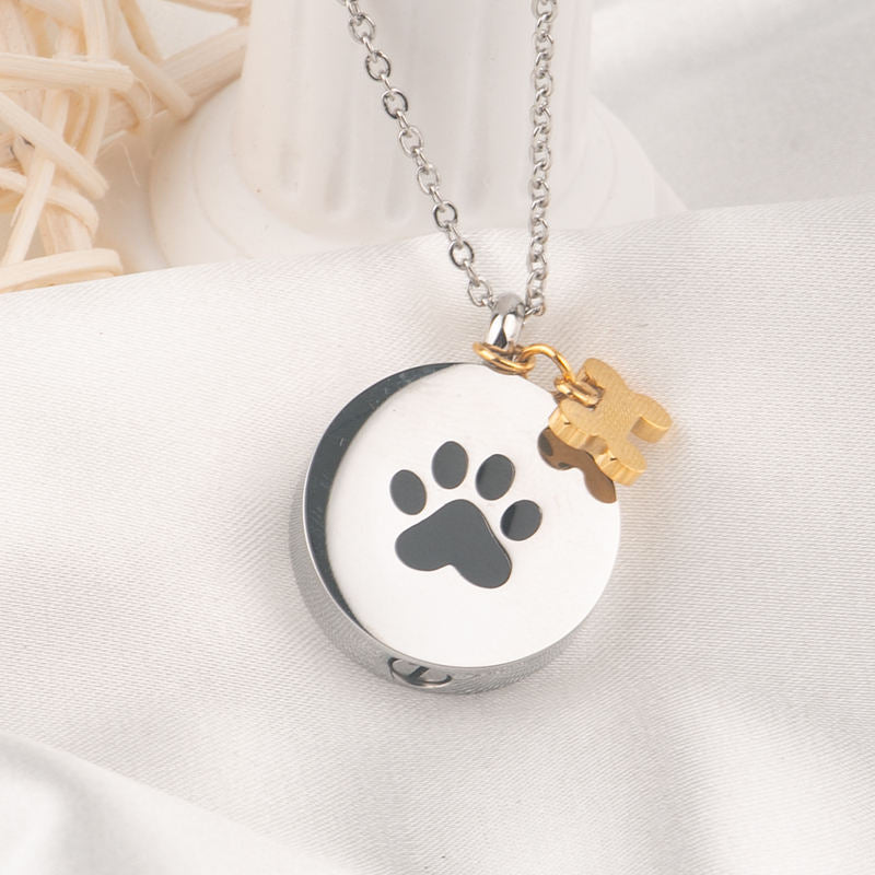 Round Paw Print Memorial Locket Necklace with Bone Charm