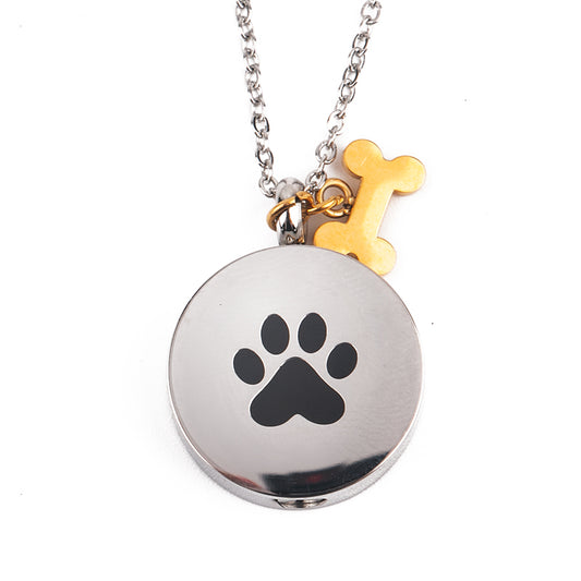 Round Paw Print Memorial Locket Necklace with Bone Charm